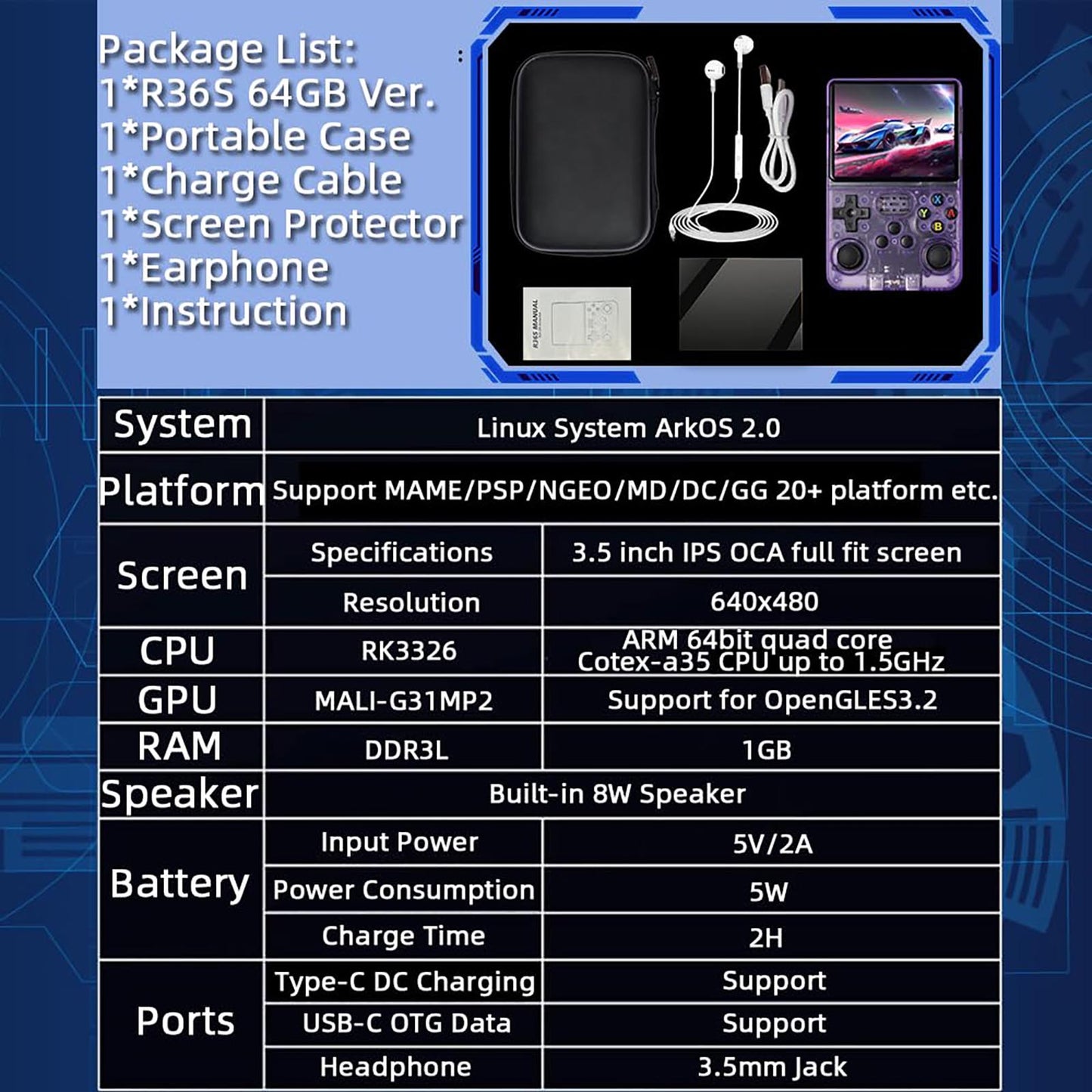 R36S Retro Handheld Game Console, 3.5“ HD Display, Dual 3D Joysticks, 3500mah battery, 11 Emulator Systems, 64GB 15000+ Games
